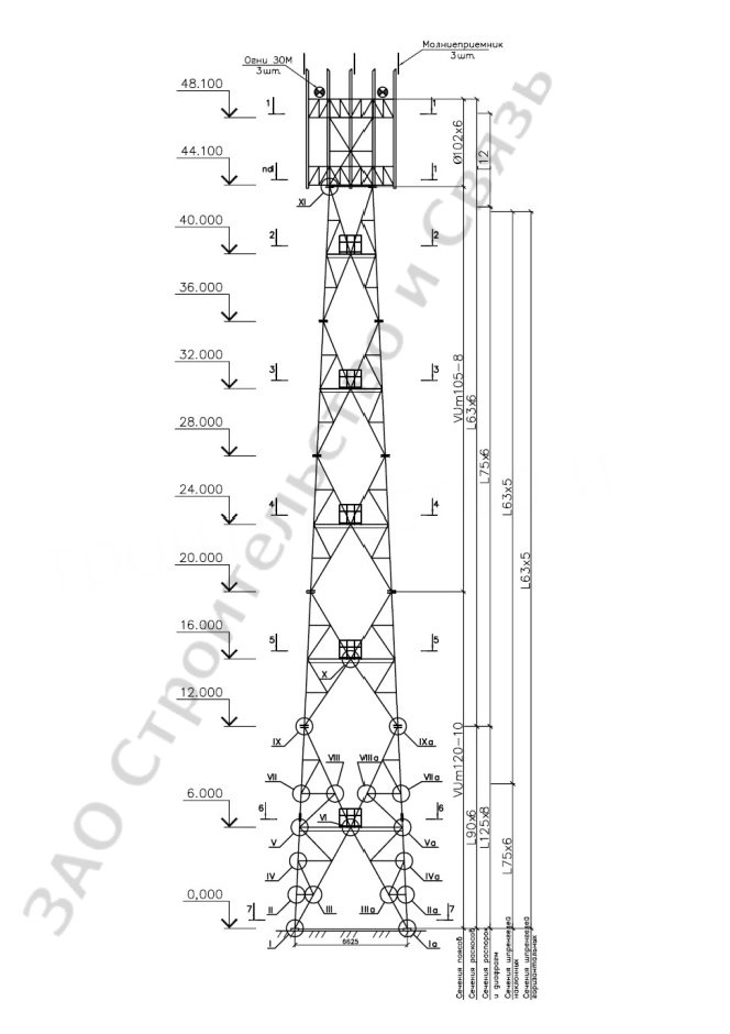 Башня 50м с поясами из гнутого профиля